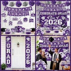 Purple and Silver Graduation Decorations 2026 Set, All-In-1 Kit with Congrats Gr