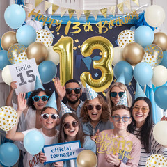 13Th Birthday Decorations for Girls Boys, Dusty Blue Cream White Gold 13 Balloon