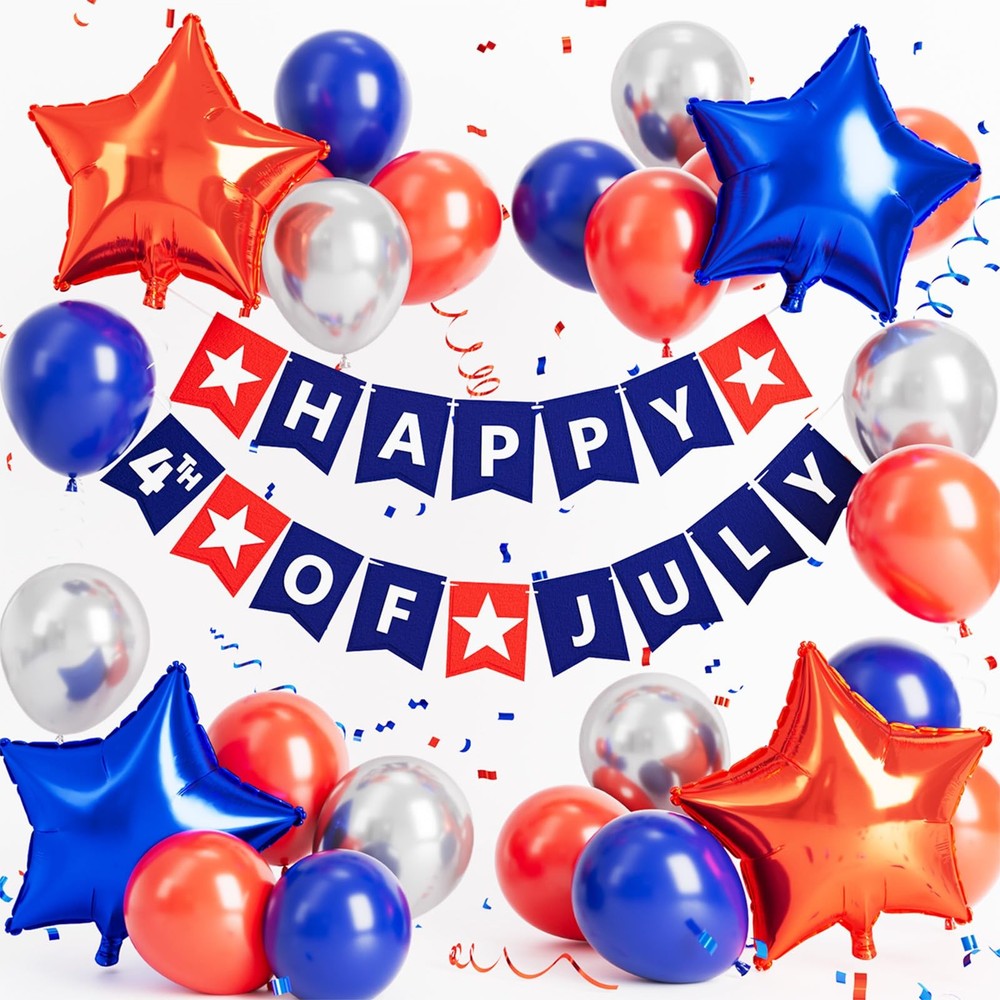 4th of July Decorations, Red Blue Patriotic Banner with 12 Inch Latex Balloon…