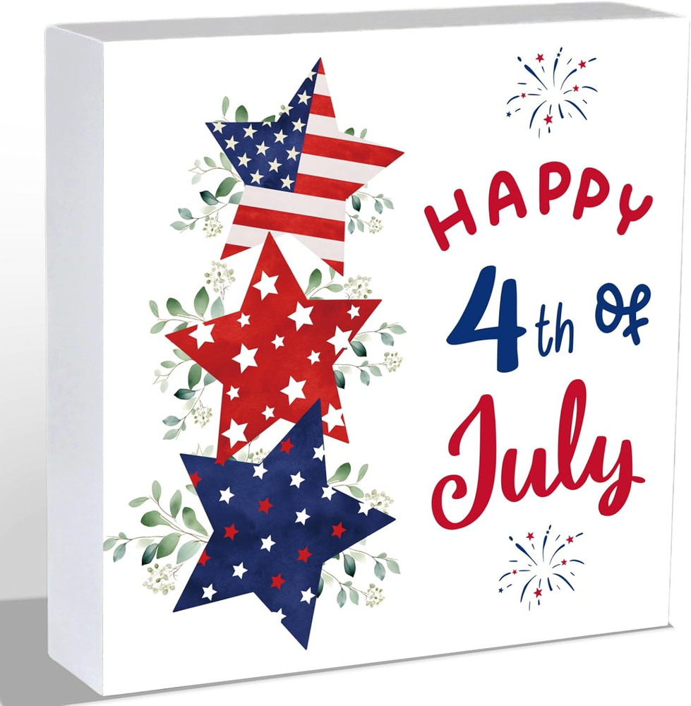 Happy 4Th of July Decorations Stars Patriotic Wooden Sign Indoor Tabletop 6×6″
