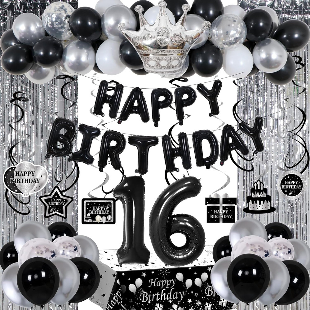 Black and Silver 16th Birthday Decorations for Boys Girls, Black and White 16th