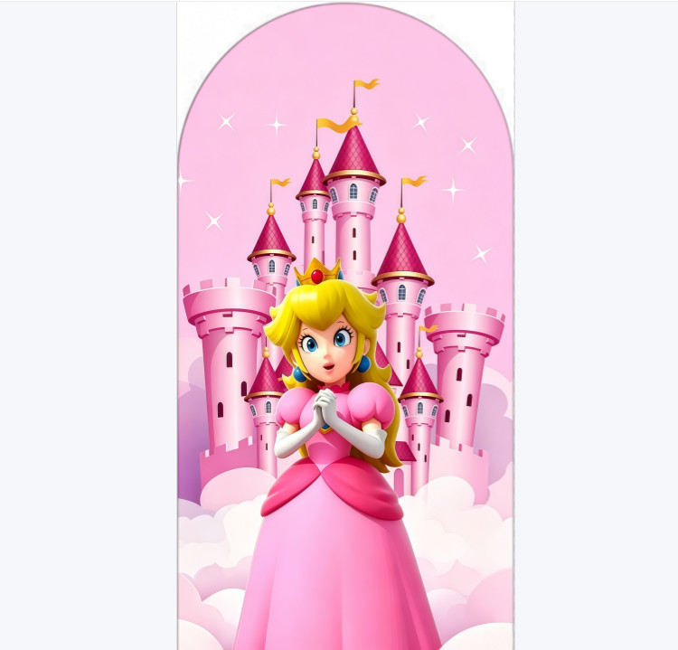 Peach Princess Castle Happy Birthday Arch Backdrop Cover Background Party Decor