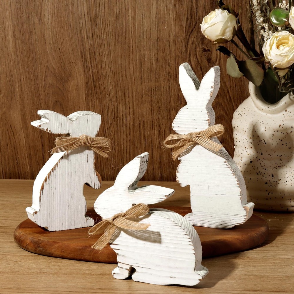Easter Decorations 3 Pcs Rustic Bunny Wooden Table Centerpiece Signs White, F…