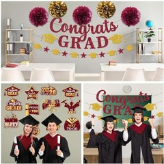 Maroon Graduation Decorations 2026, Glitter Congrats Grad Banner Hanging Swir…
