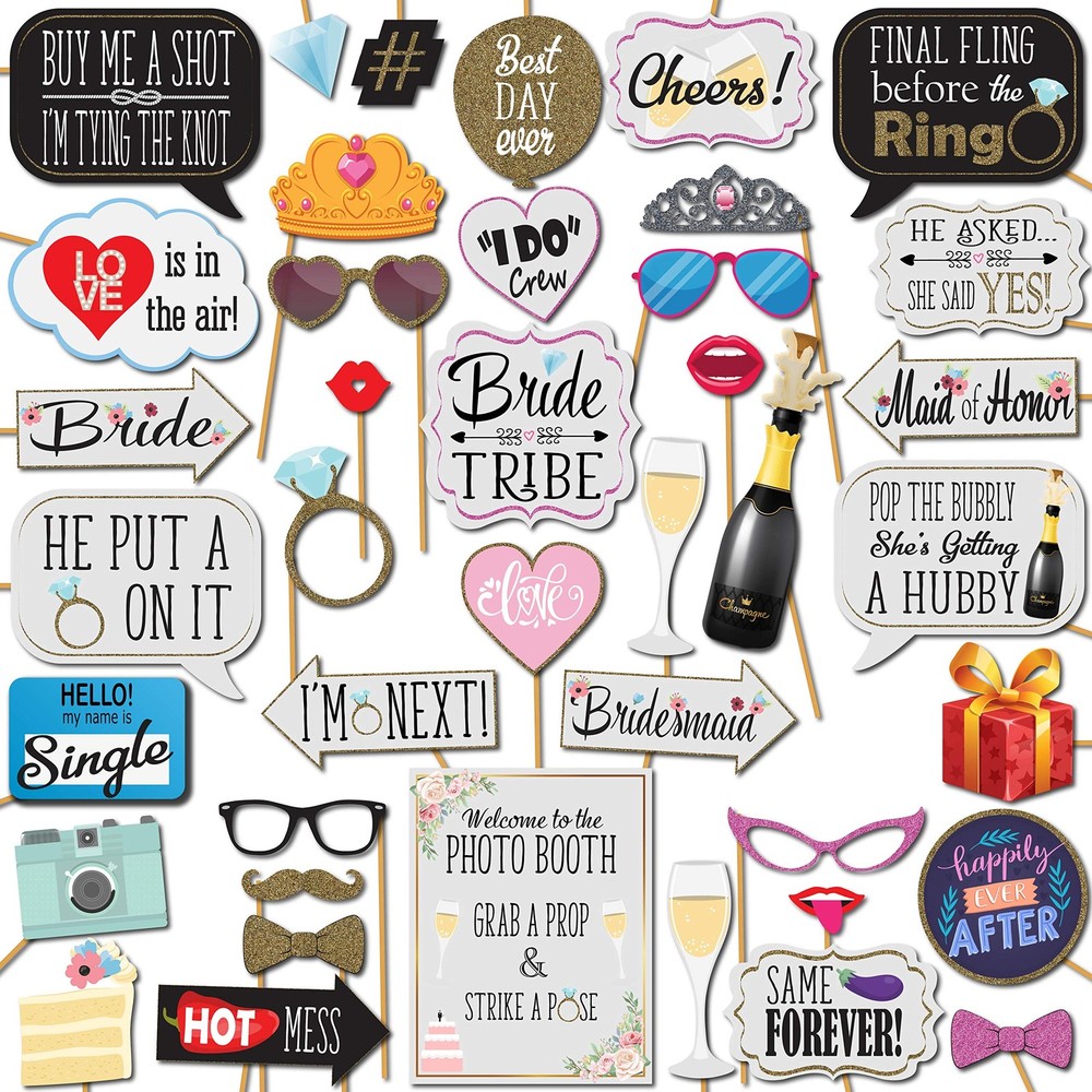 Bridal Shower Photo Booth Props – 41-pc Photo Booth Kit with 8 x 10-Inch Sign…