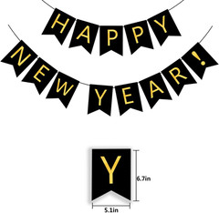 Happy New Year Banner Black Bunting with Gold Alphabet for New Year Party Suppli