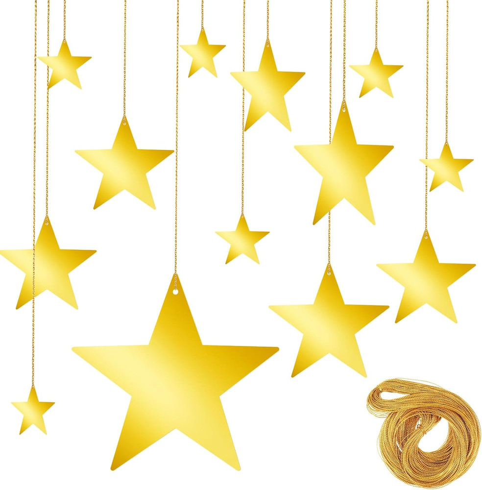 24Pcs Gold Hanging Stars Decorations, Glitter Star Cutouts with 55 Yard Gold Nyl