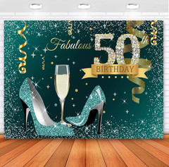Teal Gold Happy 50Th Birthday Backdrop Glitter Silver Dots High Heels Champagne