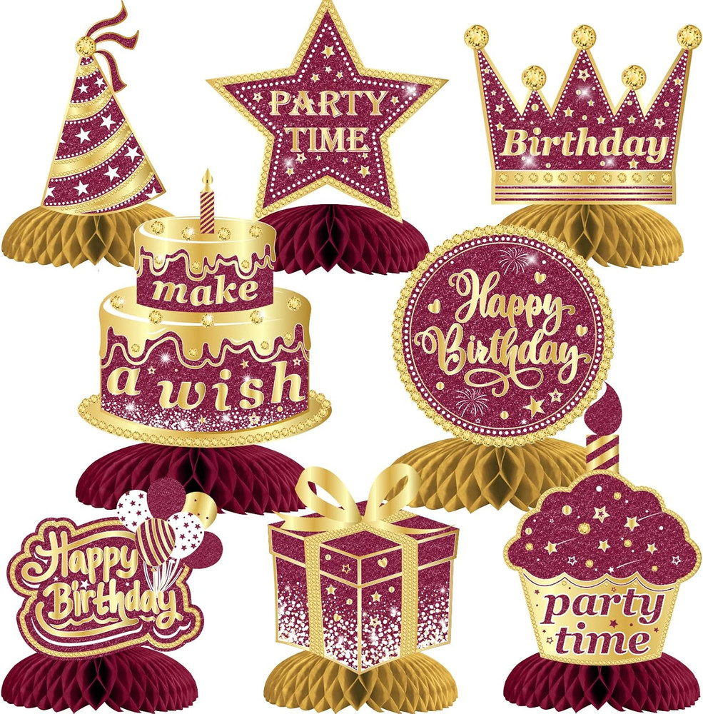 8 Pieces Happy Birthday Decorations, for Women, Burgundy Gold | Happy Birthday C