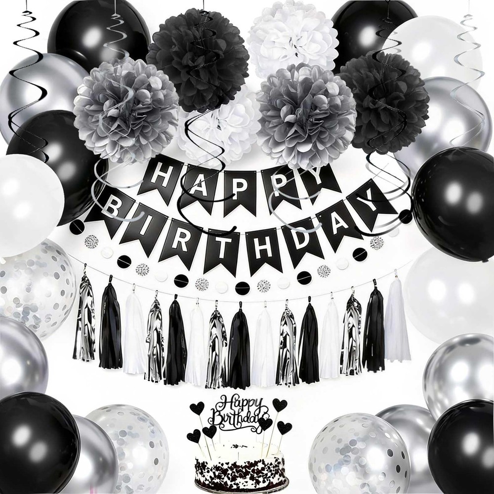 Birthday Decorations for Men, Black and Silver Party Decorations, Black and W…
