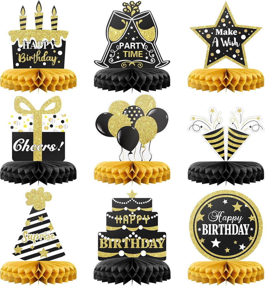 Happy Birthday Table Decoration Centerpieces – 9 Pieces, Black & Gold – Double-S