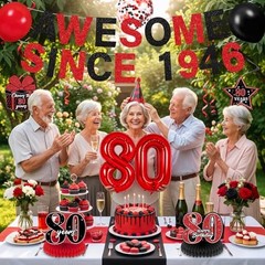 Red Black 80th Birthday Decorations with 32 Inch Number 80 80th Birthday (1946)