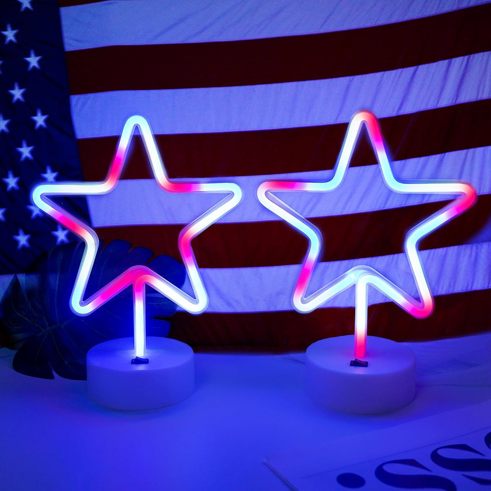 4Th of July Decorations 250Th Anniversary, 2PCS Patriotic Star Neon Lights, Red