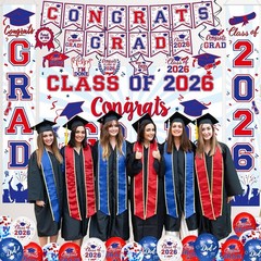 Elegant Red & Blue 2026 Graduation Decor: Banners, Balloons, and Backdrops