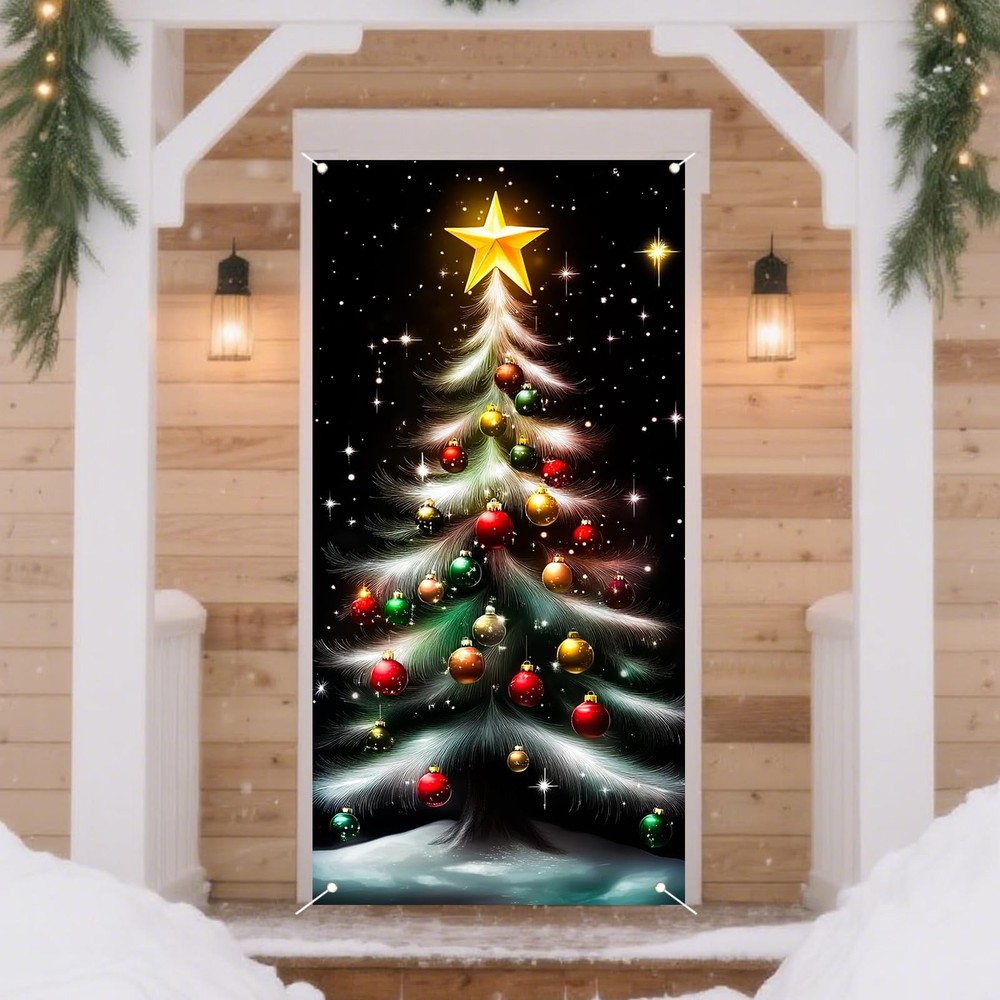 Christmas Door Cover for Front Door Decorations Festive Sparkling Christmas T…