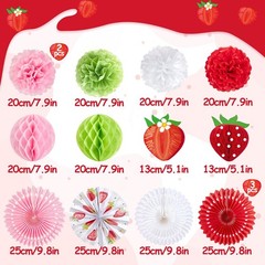 1 Kit Strawberry Birthday Party Decorations Paper Fans Hanging Decor