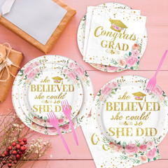 96Pcs Pink Graduation Decorations Class of 2026 Disposable Floral Congrats Grad