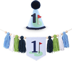 Golf 1St Birthday Highchair Banner – Hole in One Theme Blue Gingham One High Cha