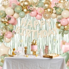 Pink and Sage Green Birthday Decorations, Pink Green Sand White Metallic Gold Fo
