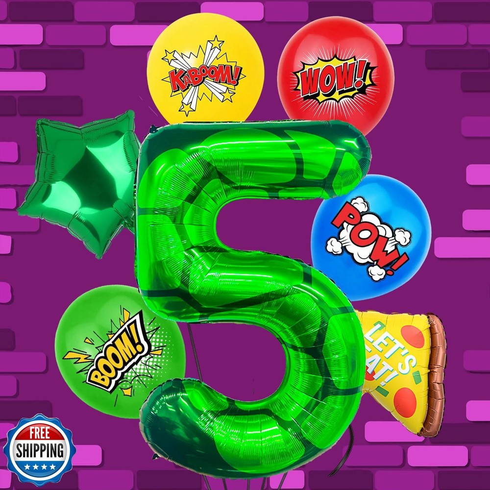 7Pcs Cartoon Turtle Theme Birthday Decorations 40 Inch Number 5 Foil Balloons