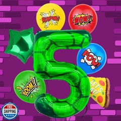 7Pcs Cartoon Turtle Theme Birthday Decorations 40 Inch Number 5 Foil Balloons