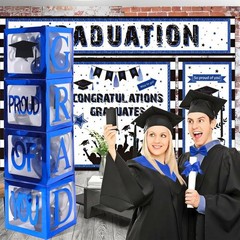 Elegant Navy Blue Graduation Decorations 2026 with Balloon Arch & GRAD Box