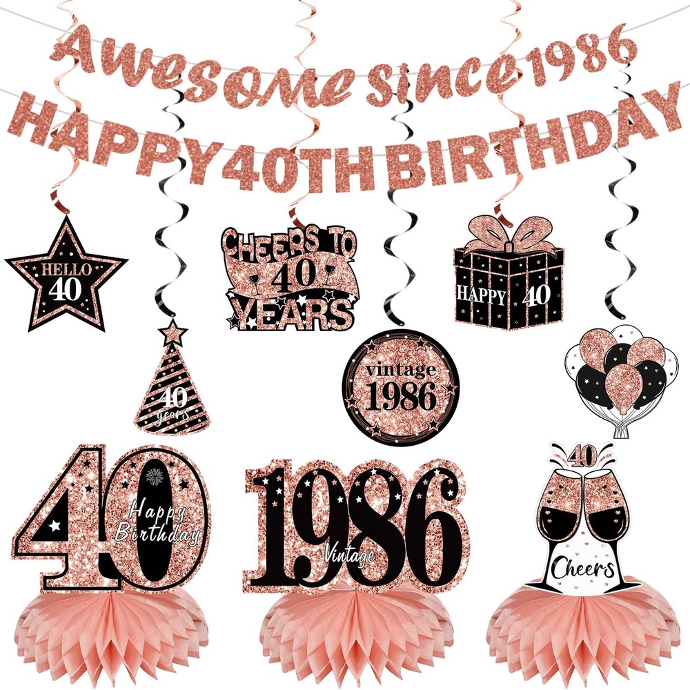 Kuxriox 11Pcs 40th Birthday Decorations Kit for Women, Rose Gold