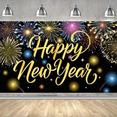 Happy New Year Banner Colorful Firework New Years Backdrop for 2026 Party