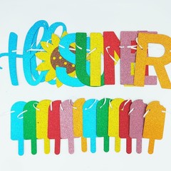 Glitter Hello Summer Banner with Sunflower Signs and Colorful Glittery Popsic…