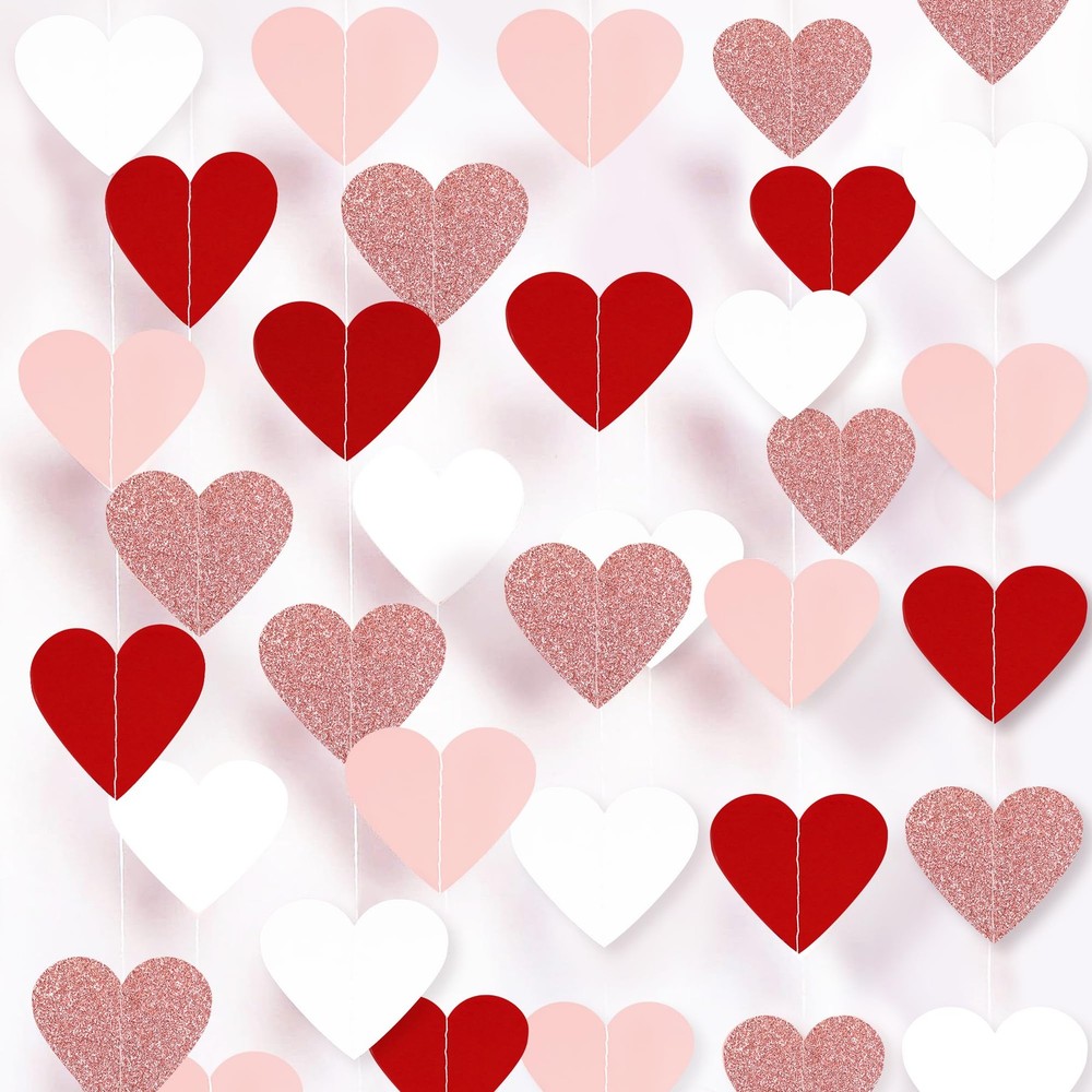 Valentines Decorations Red Pink White Rose Gold Glitter Heart Garland Strings…