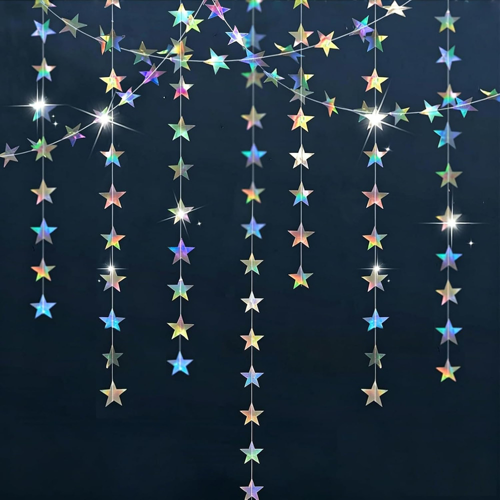 Iridescent Star Garland Party Decorations – 78 Feet Iridescent Silver Hanging St