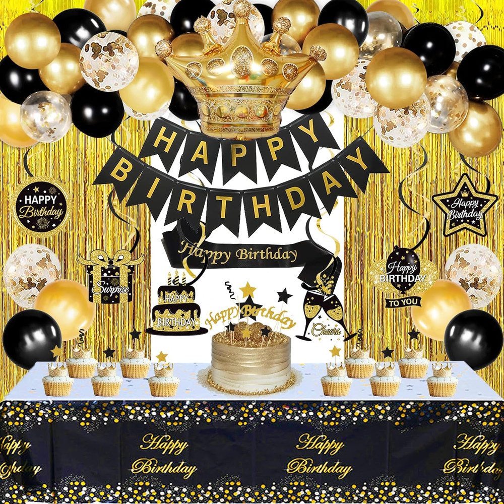 Black and Gold Birthday Decorations for Men Women, Black and Gold Party Decorati