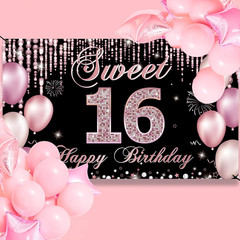 Sweet 16 Birthday Decorations, Happy 16th Birthday Banner Backdrop for Girls, Pi