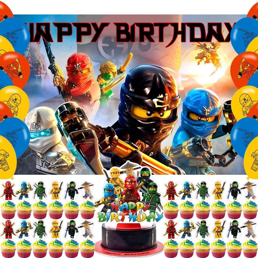 NInja Hero Birthday Decorations,59×35.4 in Cartoon Ninja Happy Birthday Backd…