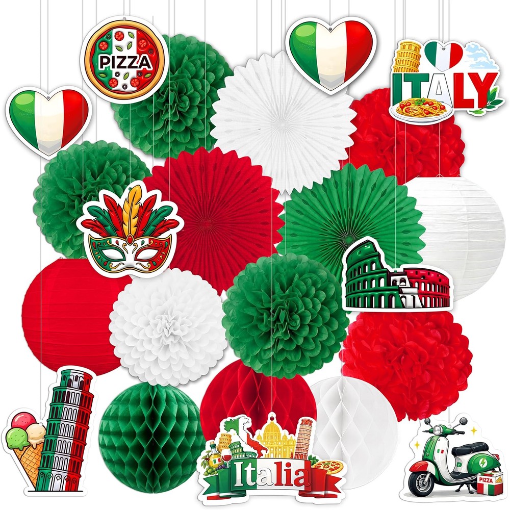 23Pcs Italian Party Decorations Paper Lanterns Fans Pom Poms Honeycombs Hangi…