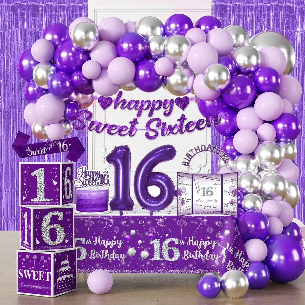 Cocomigo 104Pcs Sweet 16 Birthday Decorations for Girls, Purple Sweet 16 Party D