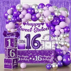 Cocomigo 104Pcs Sweet 16 Birthday Decorations for Girls, Purple Sweet 16 Party D
