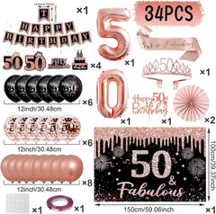 50Th Birthday Decorations for Women – 34Pcs Black Rose Gold Birthday Party Decor