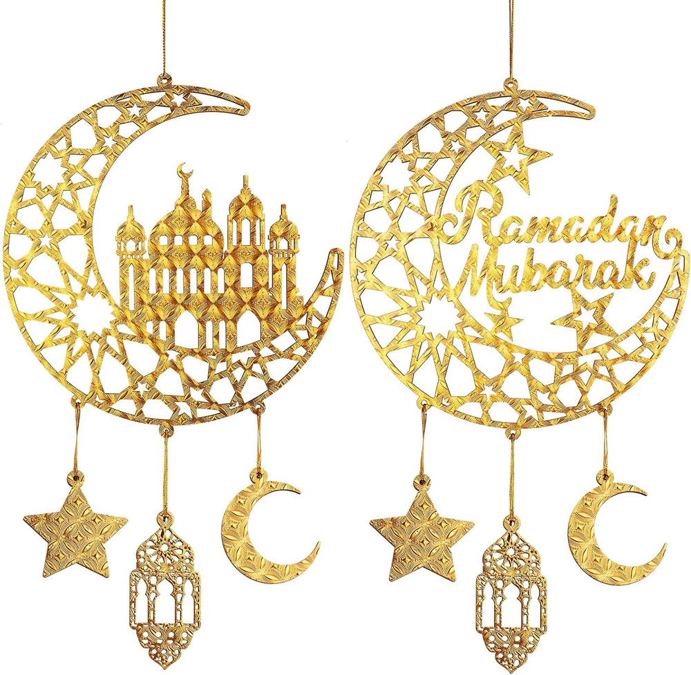 2 Pc Eid Mubarak Wooden Door Signs Moon & Stars Ramadan Wall Hangers