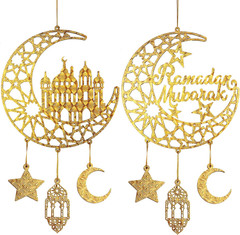 2 Pc Eid Mubarak Wooden Door Signs Moon & Stars Ramadan Wall Hangers
