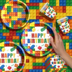 Colorful Building Block Birthday Party Supplies – Plates, Napkins, Cups & Banner
