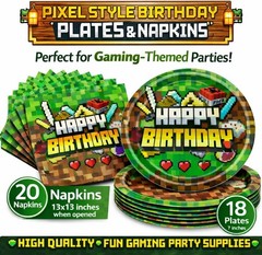 Pixel Birthday Party Decorations, Party Supplies Set Including Banner Tableware