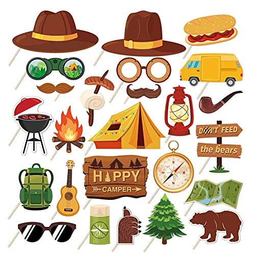 Happy Camper Party Photo Props 25pcs Funny Camping Party Selfie Props With Stick