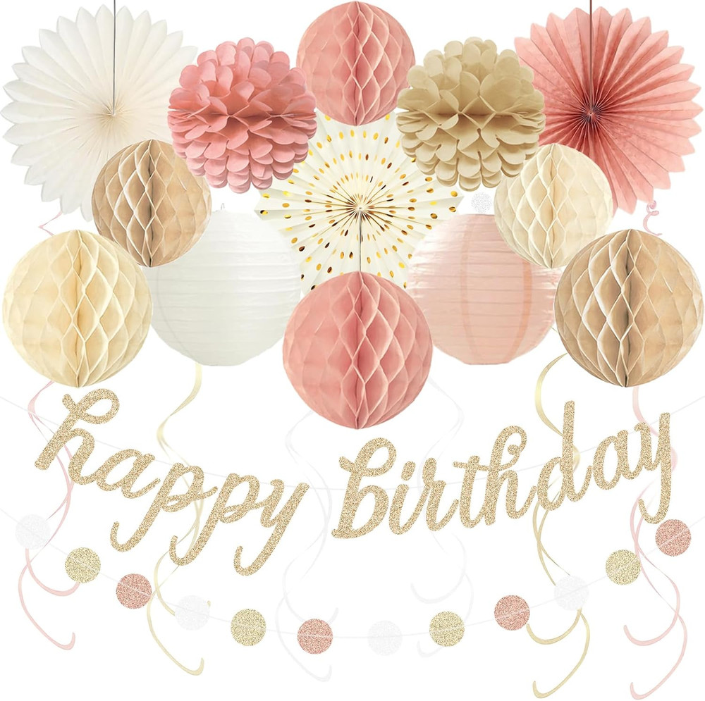 Boho Pink Happy Birthday Decorations for Women Girls, Pre-Strung Happy Birthday