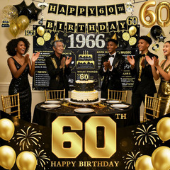 60Th Birthday Decorations for Men Women Black Gold, 63PCS Pre-Strung Happy Birth