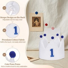 1st Birthday Crown Hat Reusable Party Hats with Elastic Band, White