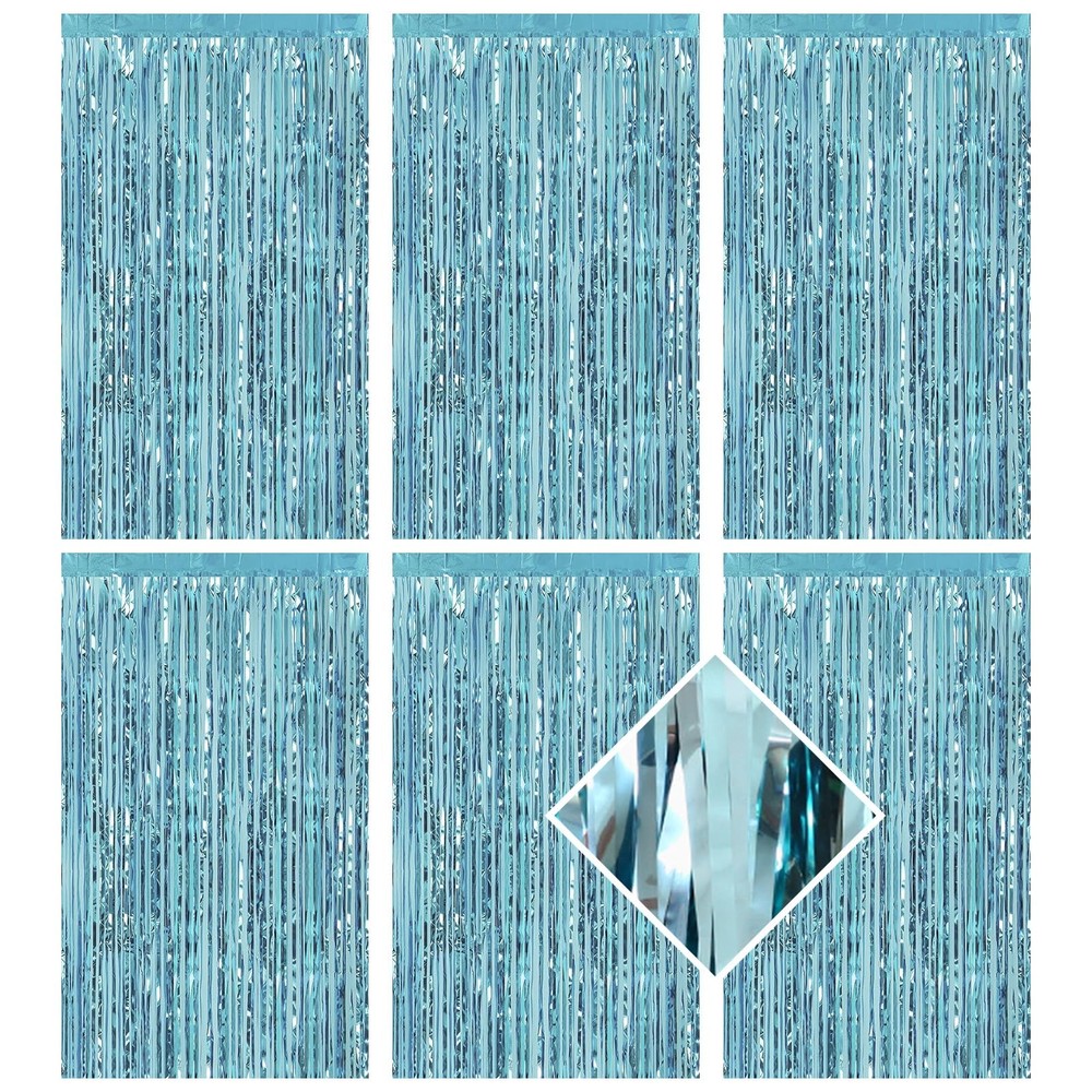 Blue Foil Curtain Backdrop Metallic Tinsel Fringe Streamer 3.2×6.6 Ft 6 PCS