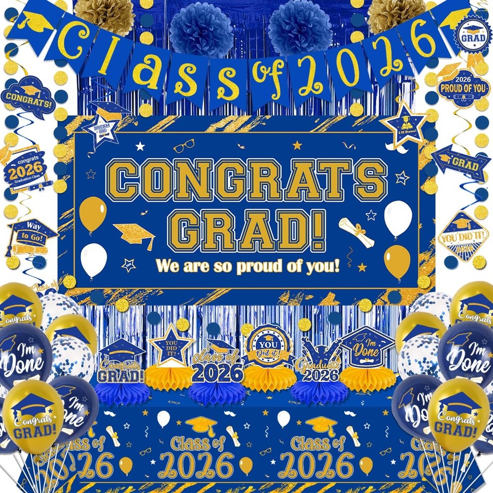 Graduation Decorations 2026 Blue and Gold Class of 2026 Banner Congrats Grad B