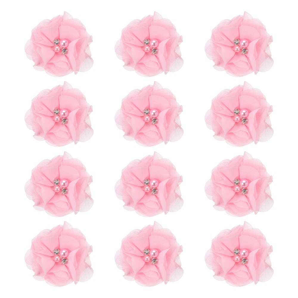 12Pcs 2″ Chiffon Flowers with Rhinestone Pearl Sewing Fabric Flowers Pink,