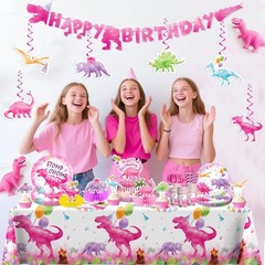 cocomigo 181pcs Pink Dinosaur Birthday Decorations Tableware Set, Watercolor …